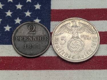 1939-J Germany 5 Silver Reichsmark & 1854-B German State Hannover 2 Pfennig (2 PCS)