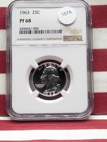 1963 Washington Quarter. Slabbed by NGC, top tier grader, as Proof 68. Very high investment grade.