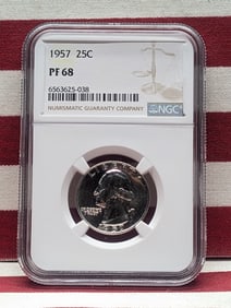 1957 PROOF Washington 90% Silver Quarter - NGC PF68