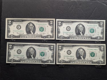 Four Vintage 1976 Series $2.00 Federal Reserve Notes **NICE PAPER**, Two Are In Consecutive Order