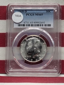 1968-D Kennedy Half Dollar. Slabbed by PCGS, top grader, as MS 65. Bright white coin. 40% Silver