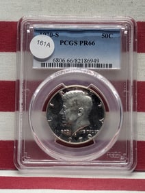 1970-S Kennedy Half Dollar. Slabbed by PCGS, top grader, as Proof 66. Bright white coin. Key Date