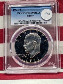 1971-S Silver Eisenhower $1. Slabbed by PCGS, top grader, as Proof 69, deep Cameo. Bright white