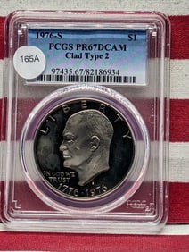 1976-S Eisenhower $1. Slabbed by PCGS, top grader, as Proof 67, deep Cameo. Bright white coin. Clad