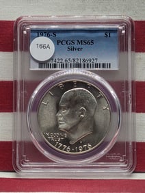 1976-S Silver Eisenhower $1. Slabbed by PCGS, top grader, as MS65. Bright white coin. 40% Silver