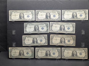 Ten 1935 & 1957 Series $1.00 Silver Certificates, (2) 1935-E, One w/Lucky 7's, (2) 1935-D, (3)