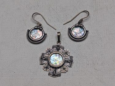 Ancient Roman Glass SOLID SILVER Earring Set & Necklace Pendant - VERY PRETTY JEWLERY!!