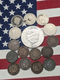Various Vintage U.S. Coins, 1972-D IKE Dollar, (5) Liberty Head V Nickels, & (10) Indian Head Cents