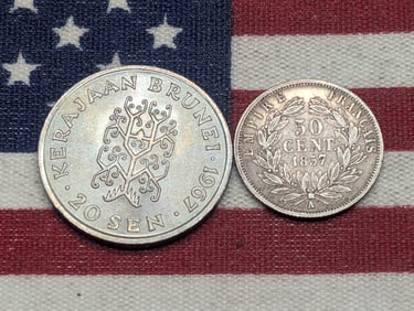 1857-A France 50 Silver Centimes *VF* & 1967 Brunei 20 Sen (2 PCS)