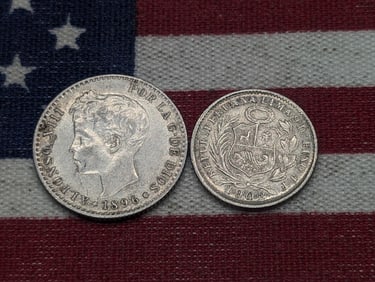 1896 Spain 50 Silver Centimos & 1902 Peru 1/2 Silver Dinero (2 PCS)