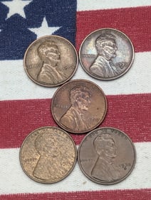 5 Different Early Lincoln Wheat Cents From the Depression Years Including 31, 32, 32 D, 33, 33 D.