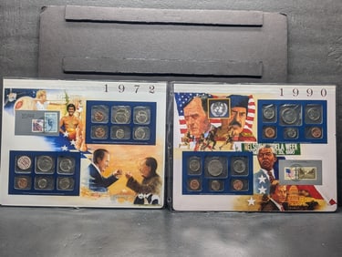 1972-P&D & 1990-P&D U.S. Uncirculated Coin Mint Set & Commem Stamps in Display Binder Sleeve (2 PCS)