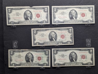 Five 1953 & 1963 Series $2.00 RED SEAL Banknotes, (1) 1953, & (4) 1963, One Is A James Bond Trinary