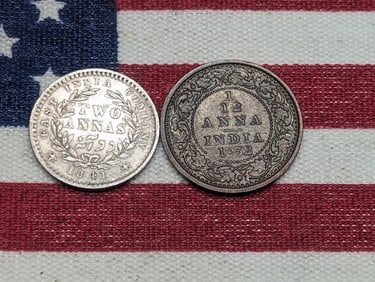1932 British-India 1/12 Anna & 1841 East India Company 2 Silver Annas (2 PCS)