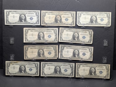 Ten Various 1935 & 1957 Series $1.00 Silver Certificates (3) 1935-F, One Is A Star Note, (1) 1935-G,