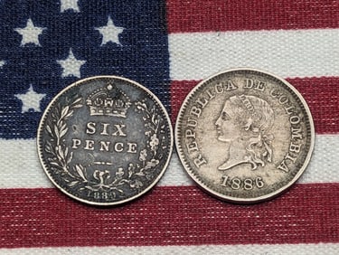 1886 Columbia 5 Centavos & 1889 United Kingdom 6 Silver Pence (2 PCS)