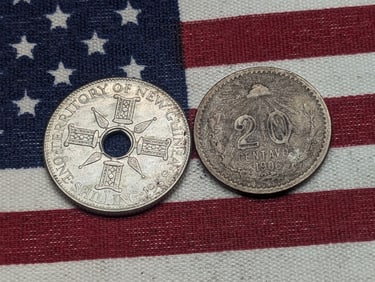 1906 Mexico 20 Silver Centavos & 1938 New Guinea 1 Silver Shilling (2 PCS)