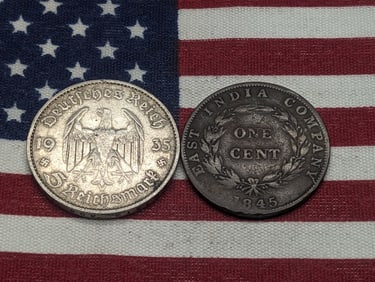 1935-G Germany 5 Silver Reichsmarks & 1845 Straits Settlements 1 Cent