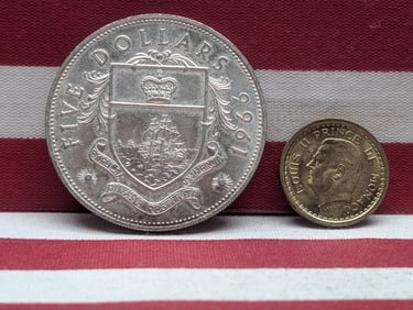 No Date (1943) Monaco 1 Franc & 1966 Bahama Islands 5 Dollars 92.5% Silver 42.12 Gr. (2 PCS)