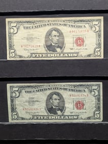 Two 1963 Series $5.00 RED SEAL Banknotes