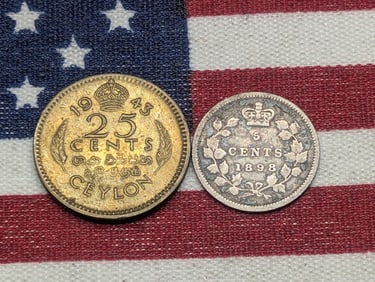 1943 Ceylon 25 Cents & 1898 Canada 5 Cents 92.5% Silver (2 PCS)