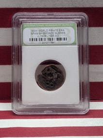 c. 1608-1695 AD New World Pirate Era Spanish Bronze Nummis Coin - INB