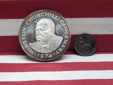 1900 United Kingdom Farthing & 1974 PROOF Turks & Caicos Islands 20 Crowns Winston Churchill 92.5%