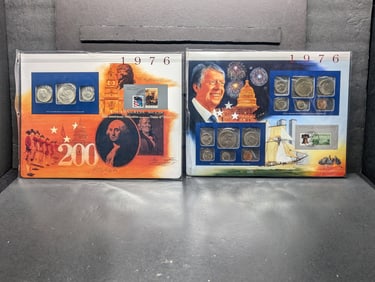 1976-S 40% Silver 3 Piece Set, & 1976 P&D U.S. Uncirculated Coin Mint Set & Commem Stamps in Display