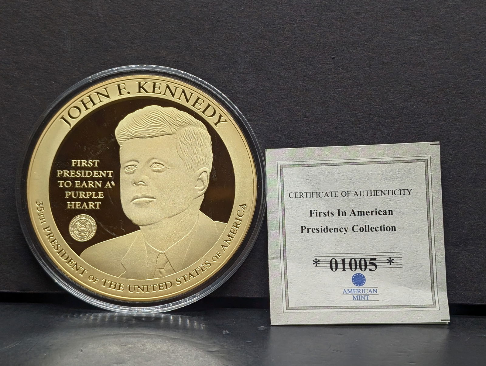 John F. Kennedy Firsts in American Presidency Colossal Coin, 2.75" Diameter, Purple Heart Edition: John F. Kennedy Firsts in American Presidency Colossal Coin, 2.75" Diameter, Purple Heart Edition