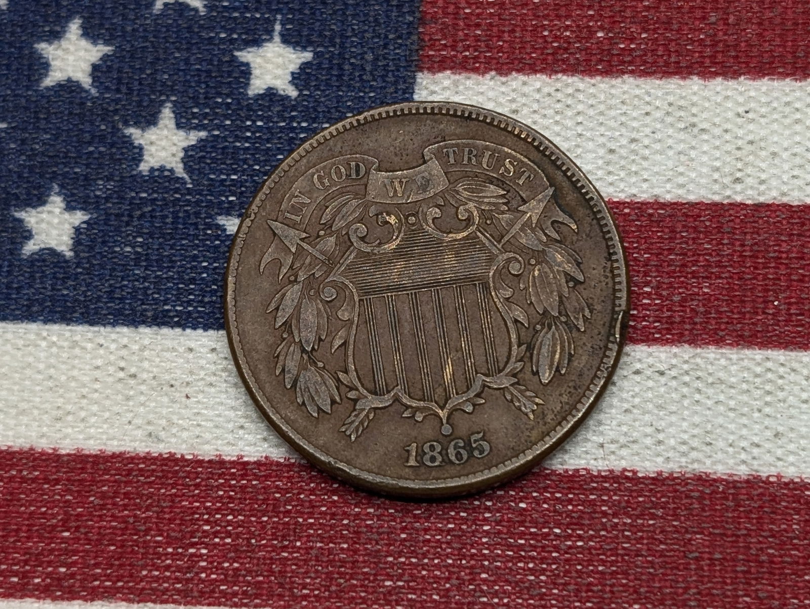 1865 United States Two Cent Piece. Vintage Type Coin. Visible "We" In Motto (1 of 2)