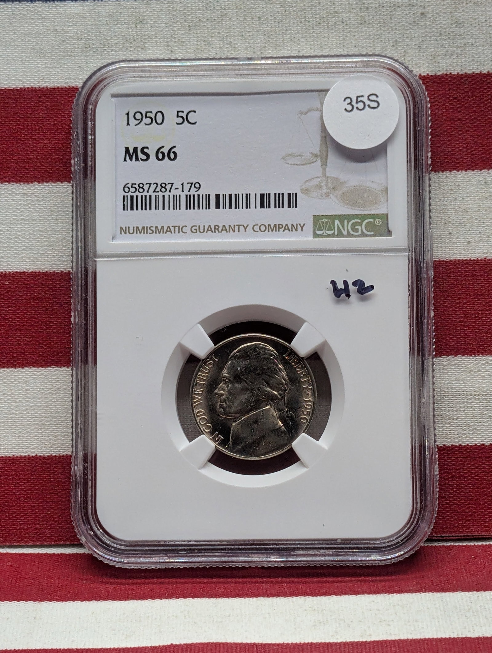 1950-P Jefferson Nickel, NGC MS 66.: 1950-P Jefferson Nickel, NGC MS 66.