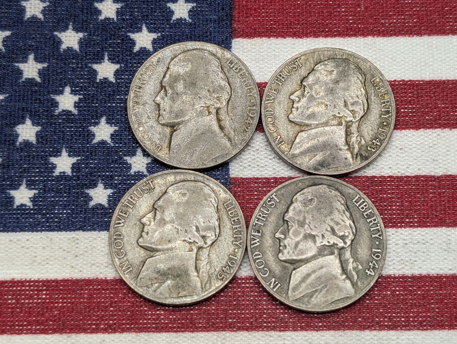 1942-P, 1943-P, 1944-D, & 1945-P Jefferson Nickels, 35% Silver. (1 of 2)