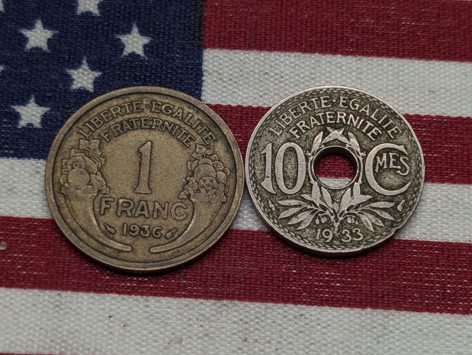 1933 10 Centimes & 1936 1 Franc, French Coins (1 of 2)