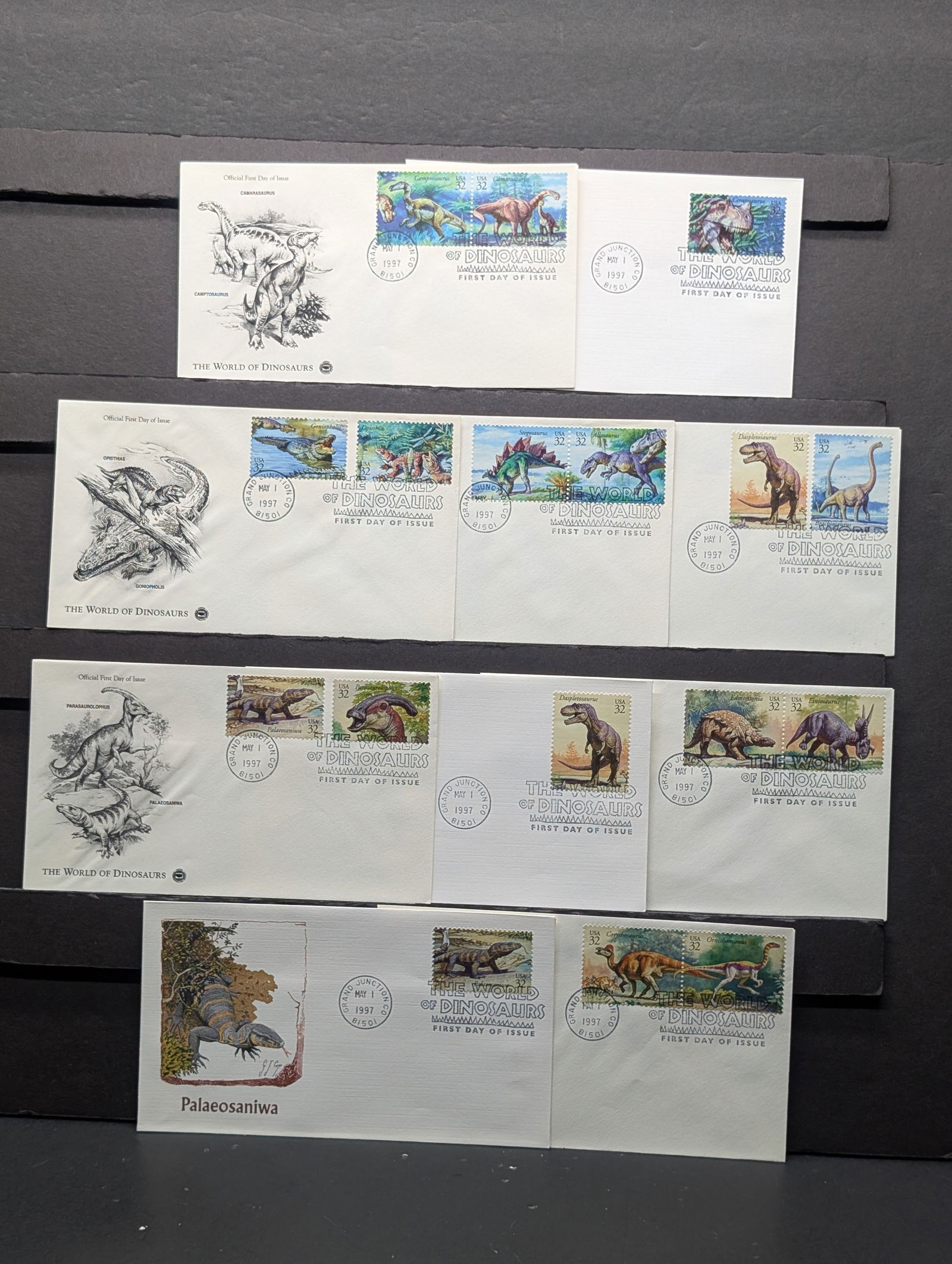 1997 Complete Set "World Of Dinosaurs" First Day Cachet, Mint. (1 of 6)