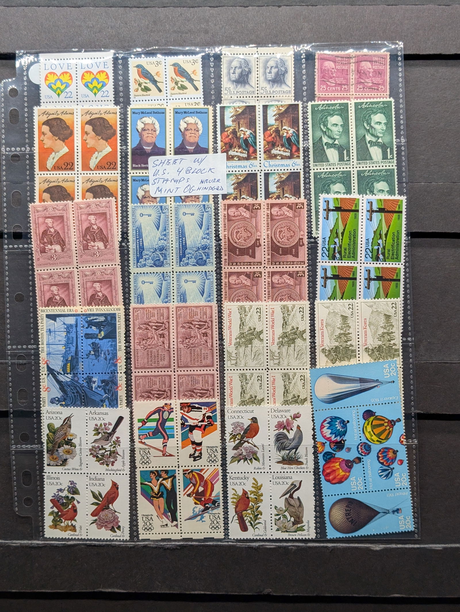 (20) Assorted Four Block U.S. Stamps, All Mint, Original Gum, Never Hinged. (1 of 3)