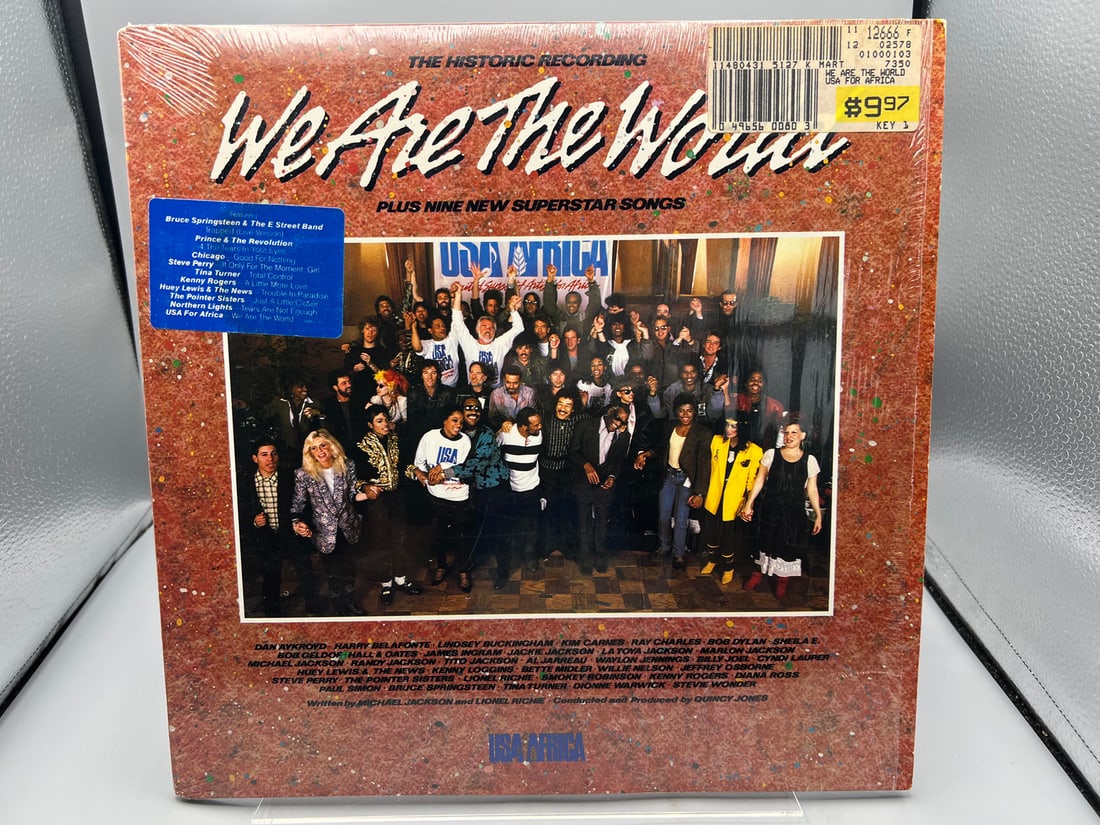 We Are The World: USA For Africa LP (1985), gatefold, in original shrinkwrap w/hype sticker, 46: We Are The World: USA For Africa LP (1985), gatefold, in original shrinkwrap w/hype sticker, 46 vocalists perform historic song (including Bob Dylan, Billy Joel, Paul Simon & Stevie Wonder). Prince, S