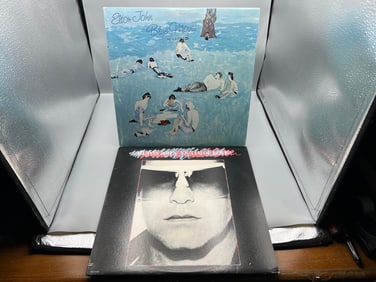 Elton John (2 LP Lot): Blue Moves (1976), gatefold, 2 LPs; and Victim Of Love (1979), promo notch in