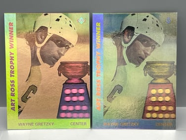 Lot of (2) 1991-92 Upper Deck Wayne Gretzky Art Ross Trophy Winner Hologram #AW1