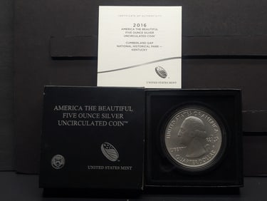 2016-P UNC. 5 Troy Oz. ATB .999 SILVER Cumberland Gap National Park Quarter in OGP w/ COA