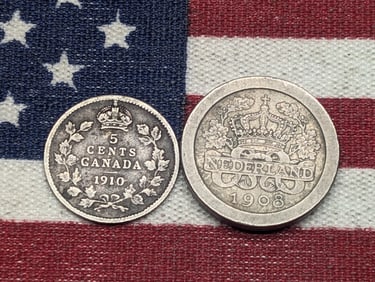 1910 Canada 5 Cents, 92.5% Silver & 1908 Netherlands 5 Cents
