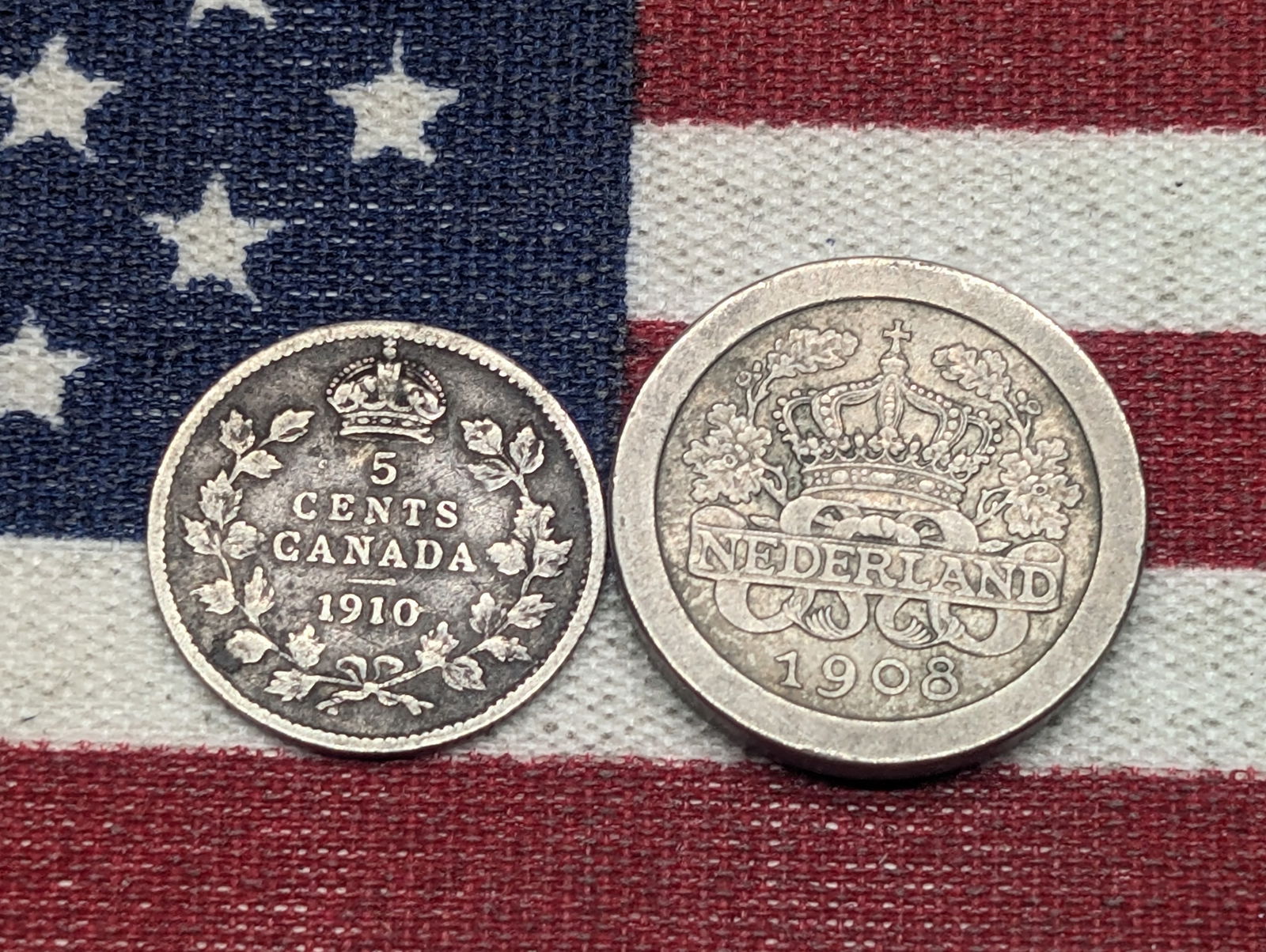 1910 Canada 5 Cents, 92.5% Silver & 1908 Netherlands 5 Cents (1 of 2)