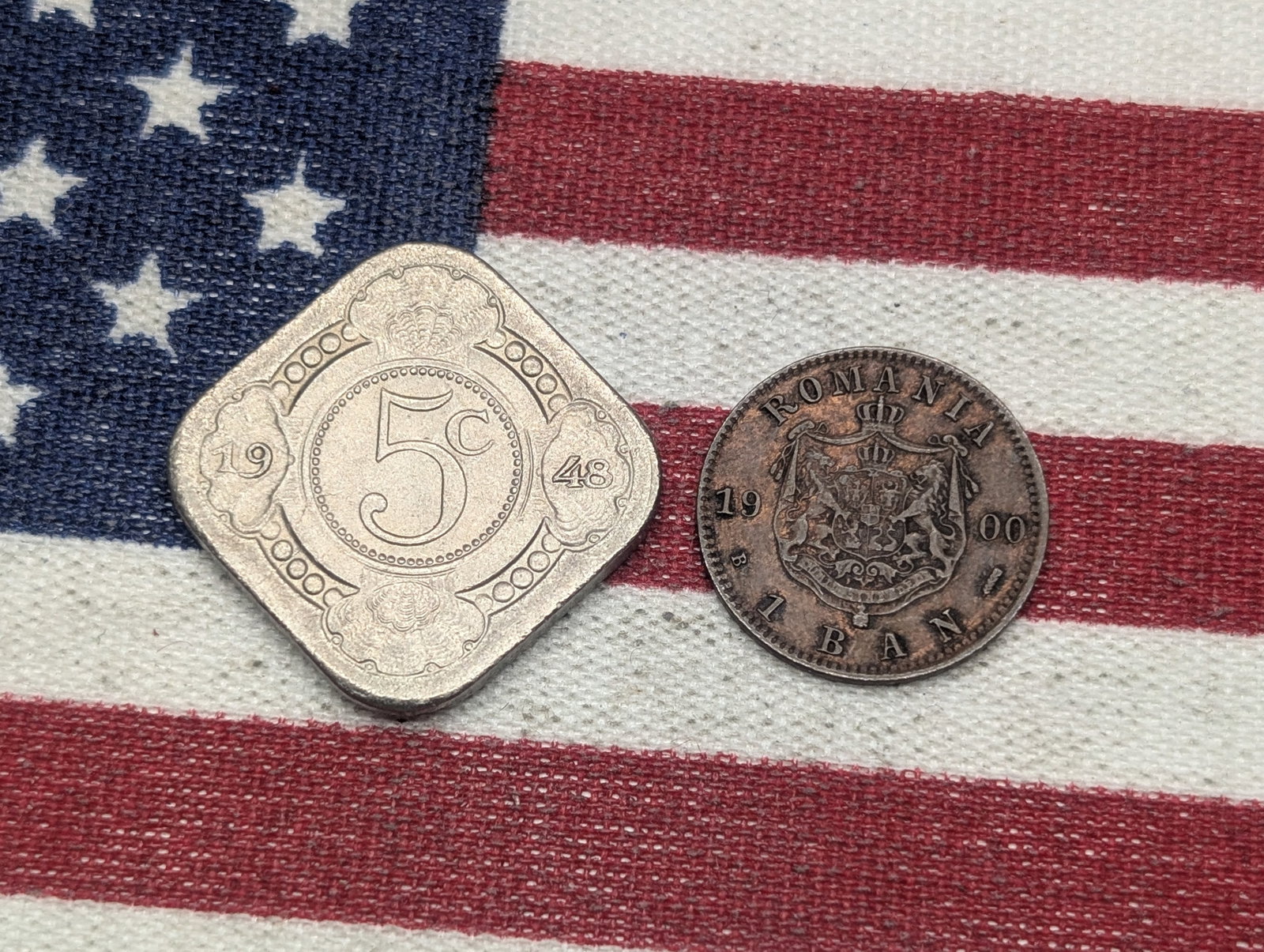 1900-B Romania 1 Ban & 1948 Curacao 5 Cents: 1900-B Romania 1 Ban & 1948 Curacao 5 Cents