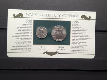 Walking Liberty Coinage 50 Years Apart - 1946 Walking Liberty Half Dollar & 1996 American Silver