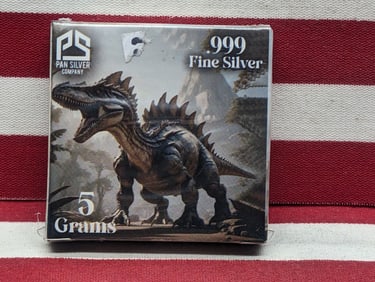 Limited Mintage of 3,000, 5 Grams .999 FINE SILVER T-Rex Raptor Designed Bullion, New In Box,