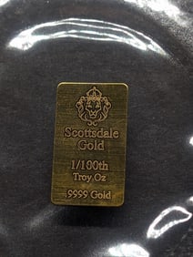 1/100th Oz. .9999 FINE GOLD Scottsdale Mint Designed Miniature Art Bar