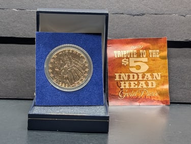 24k Gold *LAYERED* 1929 *TRIBUTE* to the $5 Indian Head Gold Piece in Display Box, Stamped Copy