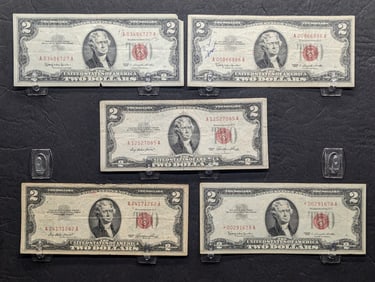 (3) 1963 & (2) 1953 Series $2.00 RED SEAL Banknotes Including Lower S.N. Star Note