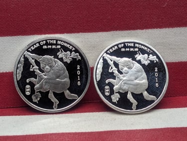 (2) 1/2 Oz. Each .999 FINE SILVER 2016 Chinese Year of the Monkey Designed Rounds