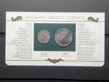 Walking Liberty Coinage 50 Years Apart - 1936-S Walking Liberty Half Dollar & 1986 American Silver