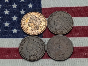 *VF* 1881, *XF* 1889, *AU* 1901 & *AU* 1907 Indian Head Cents
